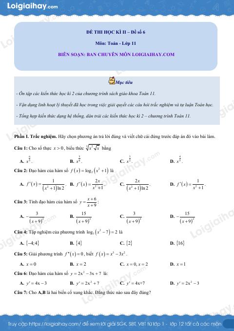 Đề thi học kì 2 Toán 11 - Đề số 6